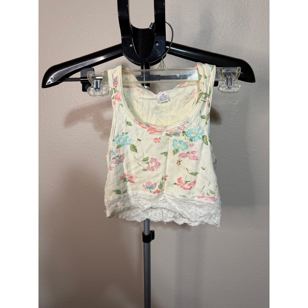 Vintage Floral Ribbed Cotton Lace Trim Crop Tank Top Cream Pastel Small